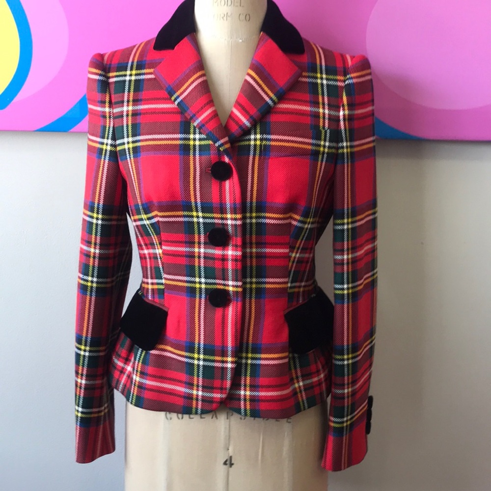 Moschino Black Heart Plaid Embroidered Blazer - Picture 2 of 8